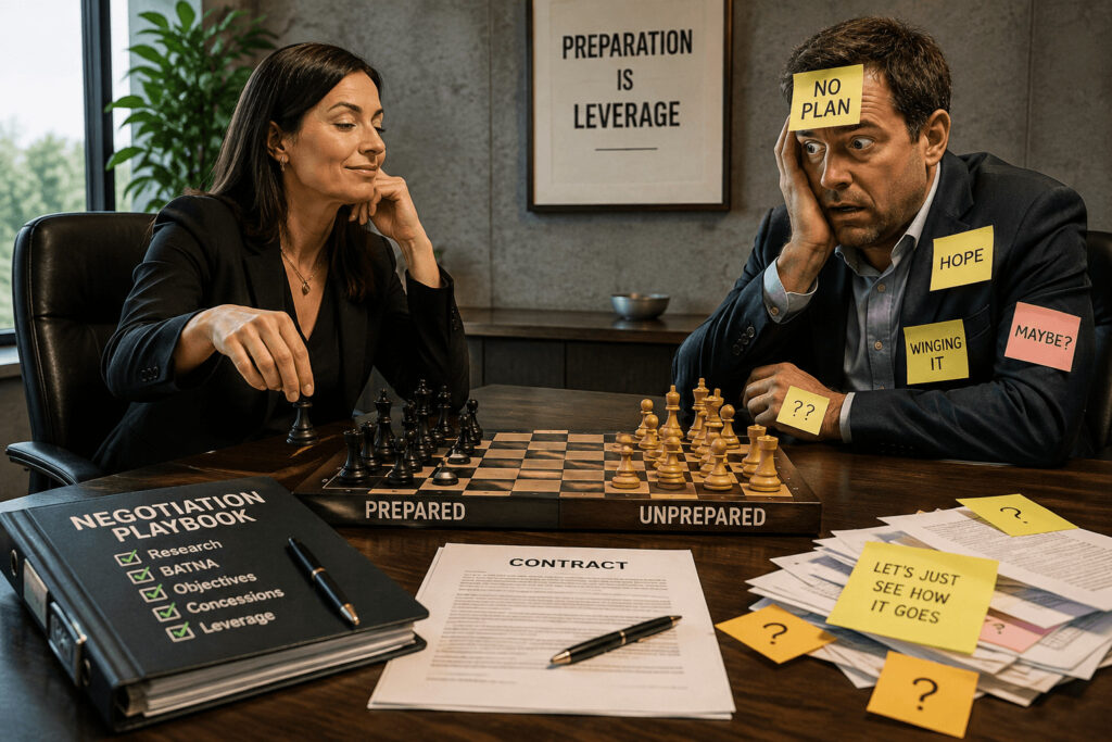 Prepared negotiator confidently plays chess against an unprepared opponent covered in notes like “No Plan,” “Hope,” and “Winging It,” illustrating the importance of preparation and leverage in contract negotiations.