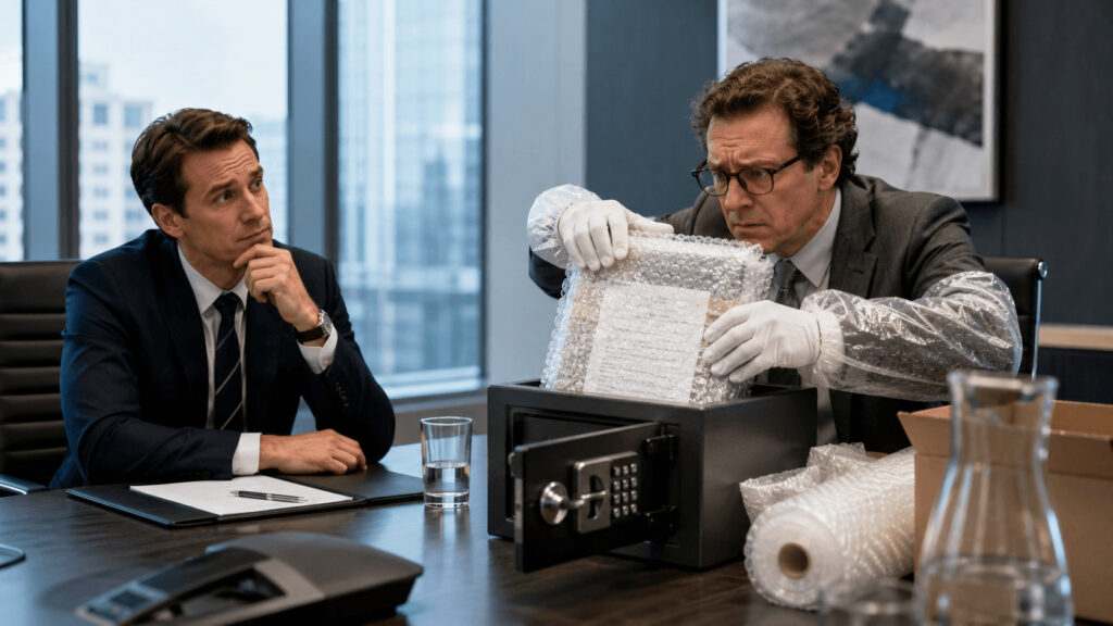 Business professional carefully wraps a contract in protective packaging before placing it in a safe, illustrating the importance of identifying, managing, and reducing contractual risk.