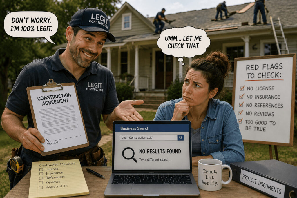Contractor presenting a construction agreement while a homeowner verifies the business online and reviews contractor red flags, including licensing, insurance, references, and reviews.