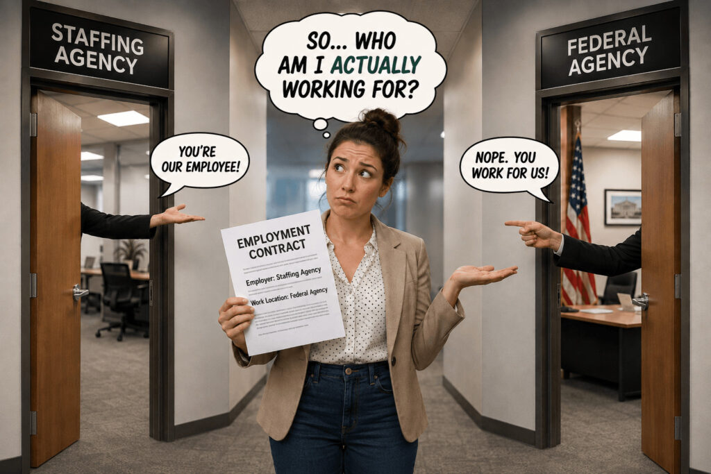 Confused contractor stands between a staffing agency and federal agency while holding an employment contract that identifies the staffing agency as the employer and the federal agency as the work location.